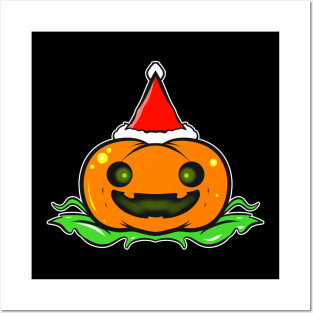 Cute Pumpkin with Santa Hat Christmas Halloween Hallowxmas Posters and Art